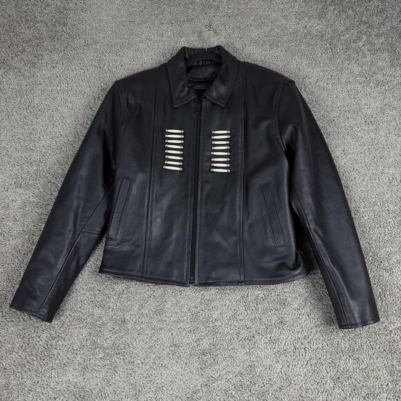 Jim Leather Inc Jackets & Blazers - Jim Leather Jacket Womens Large Black Western Bone Bead Biker Motorcycle Zip